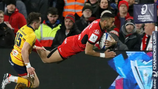 Matthis Lebel dives to score a try