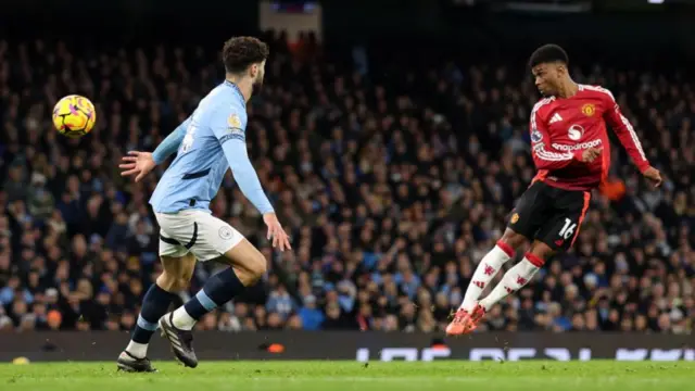 Amad Diallo of Manchester United has a headed shot