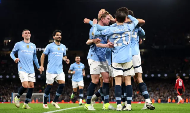 Josko Gvardiol of Manchester City celebrates scoring his team's first goal with teammates