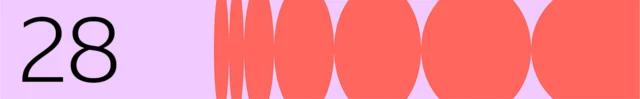 Numbered banner marked 28 on pink background with circular and oval pattern in red to the right