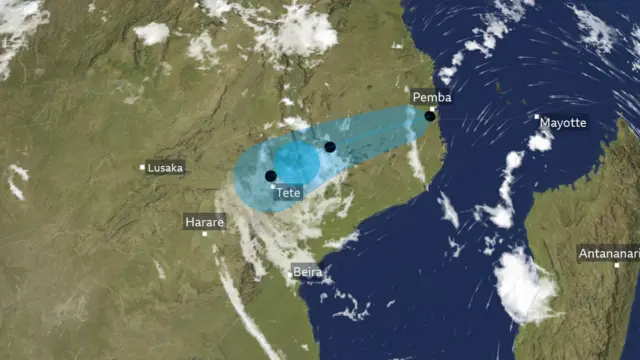 A BBC graphic showing the storm's trajectory, heading west onto the African mainland, hitting Pemba and then Tete