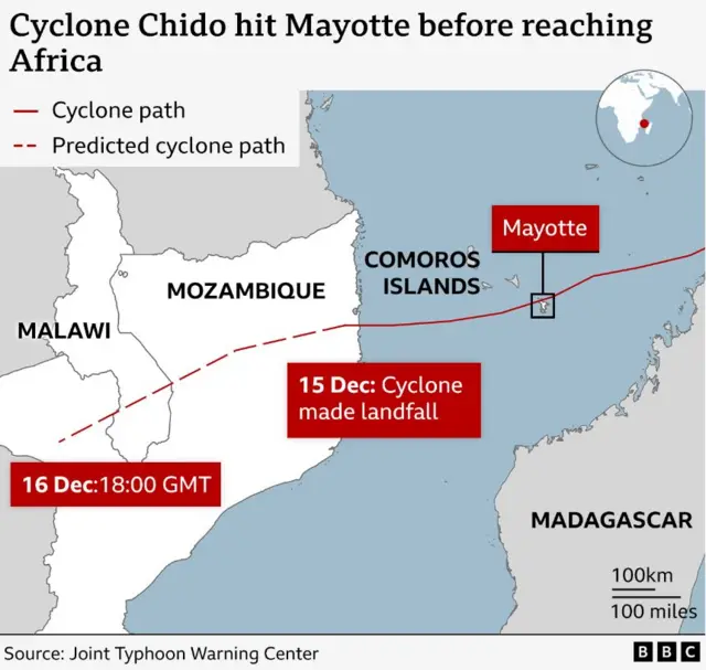 A BBC graphic showing the path of the cyclone, passing over Mayotte and then progressing to Mozambique to the west