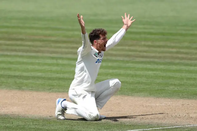 Mitchell Santner of New Zealand successfully appeals for the wicket of Joe Root