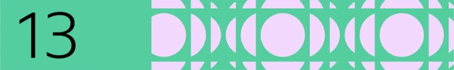 Green banner with the number 13 and a purple geometric pattern