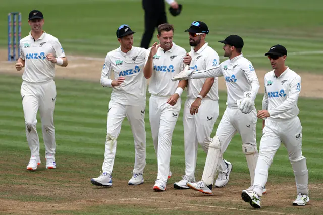 Tim Southee and Mitchell Santner of New Zealand celebrate after dismissing Jacob Bethell of England