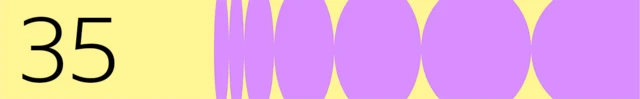 Numbered banner marked 35 on yellow background with oval and circular purple geometrical pattern to the right.