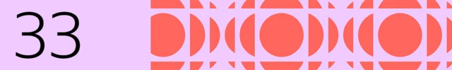 Numbered banner marked 33 on pink background with circle geometrical pattern in red to the right