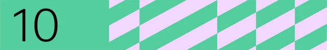 Green banner with the number 10 and a pink geometric pattern on the right