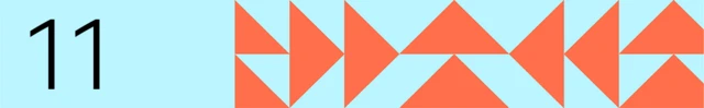 Blue banner with orange geometric shapes on the right