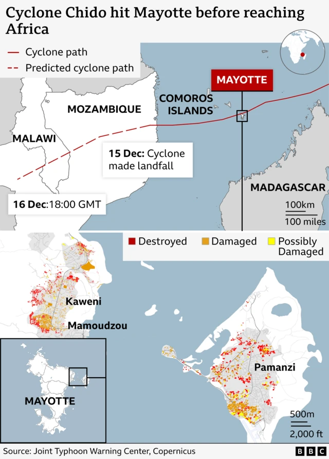 Map showing Cyclone Chido's path through Mayotte and into Mozambique