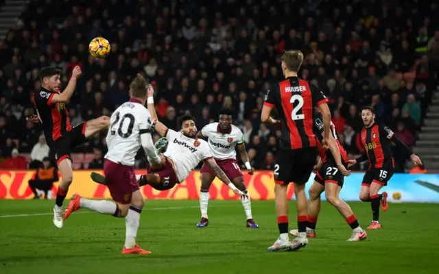 Lucas Paqueta of West Ham United attempts an overhead kick