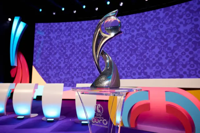 A general view of the trophy on stage ahead of the UEFA Women's EURO 2025 Final Tournament Draw