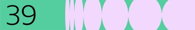 Numbered banner marked 39 on green background with pink oval and circular geometrical pattern to the right