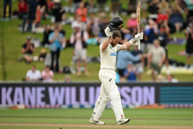 Kane Williamson of New Zealand raises his bat after bringing up his century