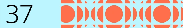 Numbered banner marked 37 on light blue banner with circular geometrical pattern to the right