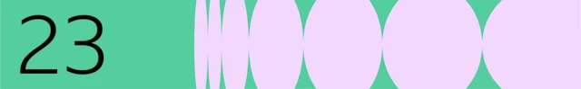 Numbered banner marked 23 on green background with pink oval and circular pattern to the right of the frame