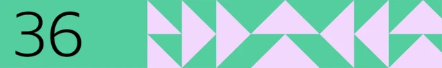 Numbered banner marked 36 on a green background with a pink arrow geometrical pattern to the right