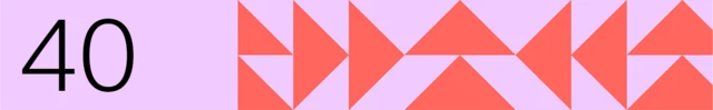 Numbered banner marked 40 on pink background with a red arrow geometrical pattern to the right