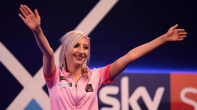 Fallon Sherrock celebrates a win at Alexandra Palace