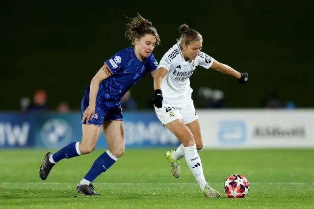 Filippa Angeldal of Real Madrid is challenged by Niamh Charles