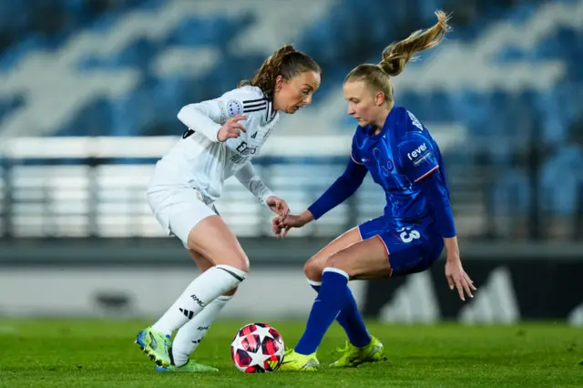 Caroline Weir of Real Madrid CF battles for the ball with Agnes Beever-Jones