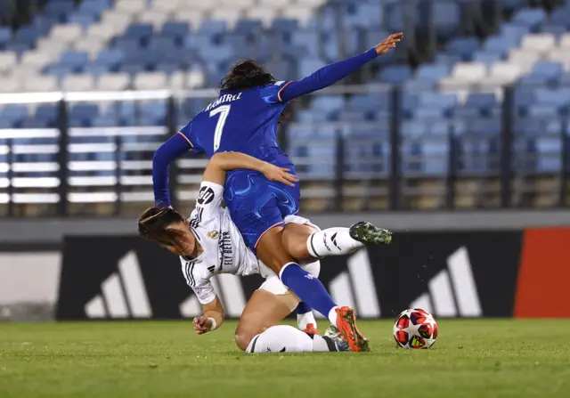 Mylene Chavas in action with Chelsea's Mayra Ramirez