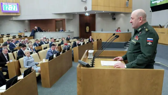 Lieutenant General Igor Kirillov, chief of Russia's Nuclear, Biological and Chemical Protection Troops, delivers a speech during a plenary session of the State Duma, the lower house of parliament, in Moscow, Russia April 11, 2023