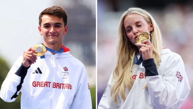 Alex Yee and Keely Hodgkinson poses with their Olympic gold medals - collated image