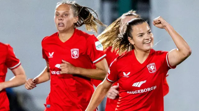 FC Twente's Kayleigh van Dooren celebrates scoring to make it 1-0 during a UEFA Women's Champions League Group Stage Matchday One match between Celtic and FC Twente at the ZLX Stadium