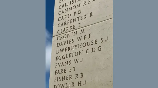 A vertical shot of a war memorial engraved with the surnames and initials of fallen soldiers in alphabetical order C to F