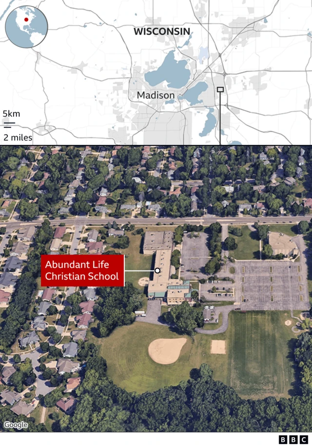 A composite image showing a map with the location of Wisconsin in relation to Madison, and an aerial image of the Abundant Life Christian School building with a label of its name.