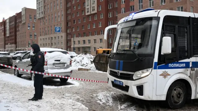 A view of the blast scene, which killed the commander of Russian armed forces' chemical, biological and radiation defence troops, Igor Kirillov, and his assistant, according to the Russian Investigative Committee, outside a residential building on Ryazansky Avenue in Moscow on December 17, 2024.