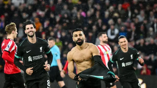 Mo Salah celebrates after scoring against Southampton