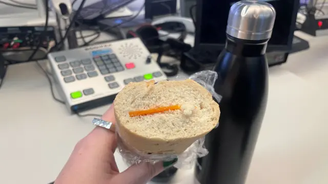 A roll of bread with one slice of cheese inside