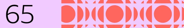 BBC generated image with the number 65 on the left and coral full and half circles on the right. The background is pink.