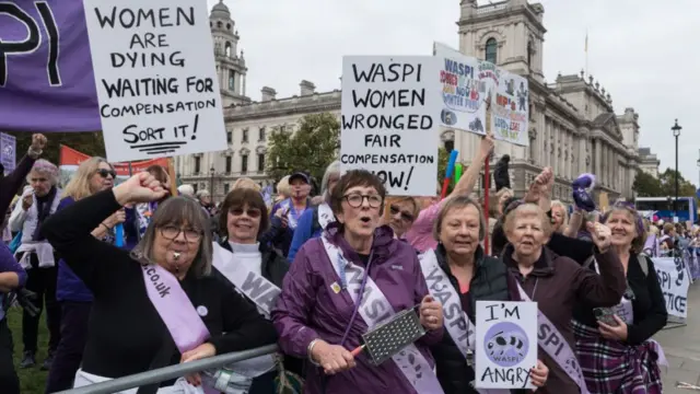 Women Against State Pension Inequality (WASPI) campaigners and their supporters demonstrate in Parliament Square on Budget Day calling for compensation for all women born in the 1950s who were affected by changes to State Pension age in London, United Kingdom on October 30, 2024.