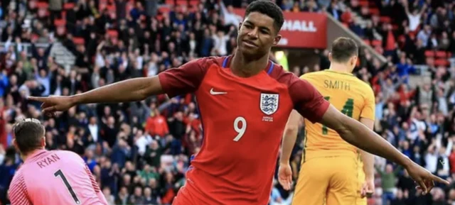 Marcus Rashford scores on his England debut