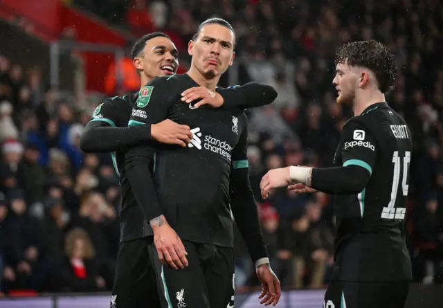 Darwin Nunez of Liverpool celebrates scoring his team's first goal