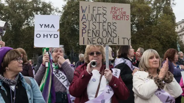 Women Against State Pension Inequality (WASPI) campaigners and their supporters demonstrate in Parliament Square on Budget Day calling for compensation for all women born in the 1950s who were affected by changes to State Pension age in London, United Kingdom on October 30, 2024