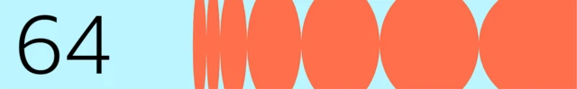 BBC generated image with the number 64 on the left and orange circles on the right. The background is blue.