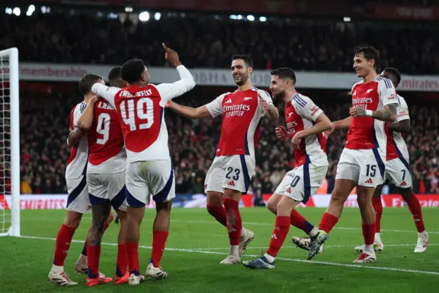 Gabriel Jesus of Arsenal celebrates scoring his team's third goal and his hat-trick goal