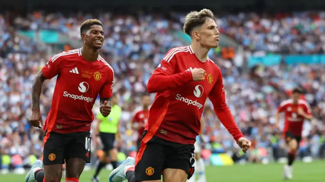 Alejandro Garnacho celebrates scoring for Manchester United against Manchester City in the 2024 Community Shield game