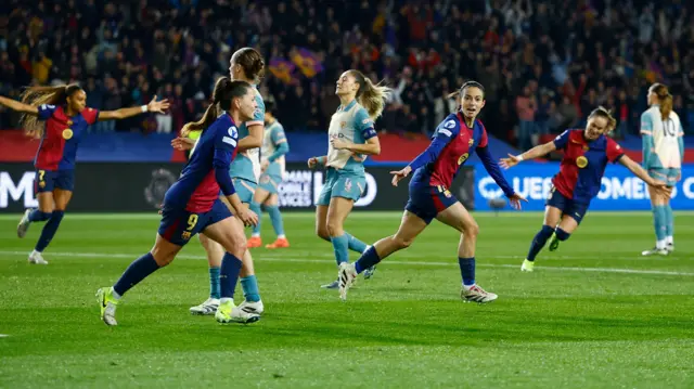 Aitana Bonmati celebrates scoring for Barcelona against Manchester City