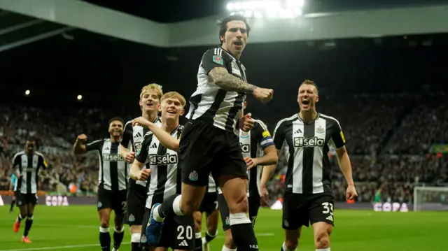 Sandro Tonali and his team-mates celebrate one of his goals for Newcastle United against Brentford