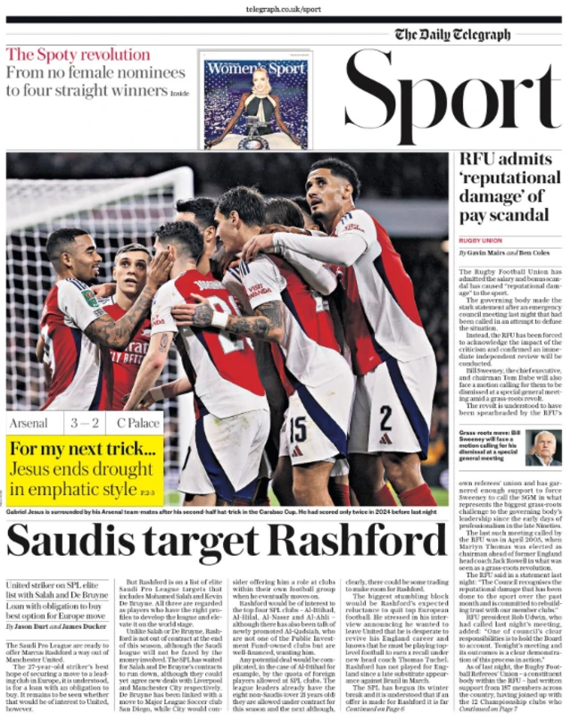 Lead sport page of the Daily Telegraph on 19 December 2024