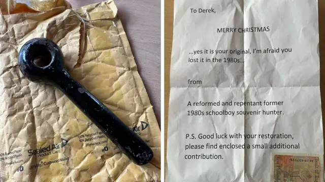 A letter explaining that the sender had taken a handle in the 1980s, along with the handle itself and a £10 note