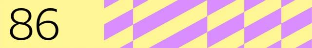 The number 86 is shown on a yellow background with purple rectangles