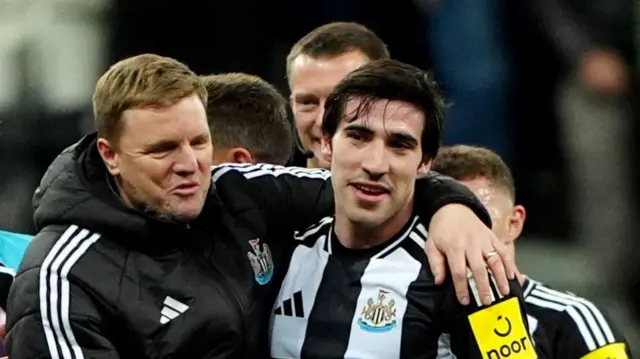 Newcastle manager Eddie Howe hugs Sandro Tonali after he scored twice against Brentford