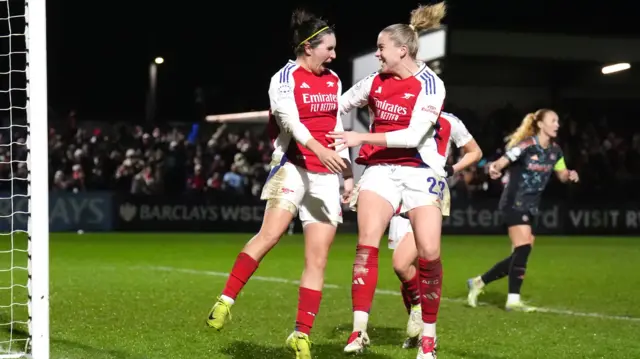 Mariona Caldentey celebrates scoring for Arsenal against Bayern Munich with Alessia Russo