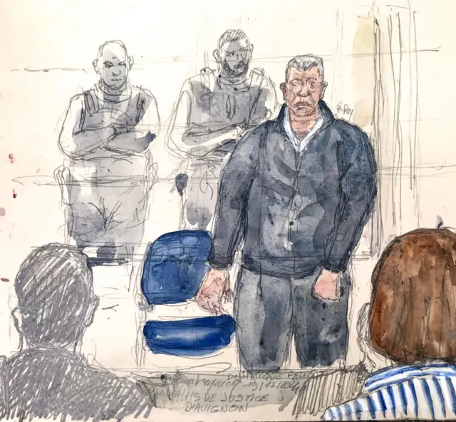 A court sketch of Dominique Pelicot during today's hearing